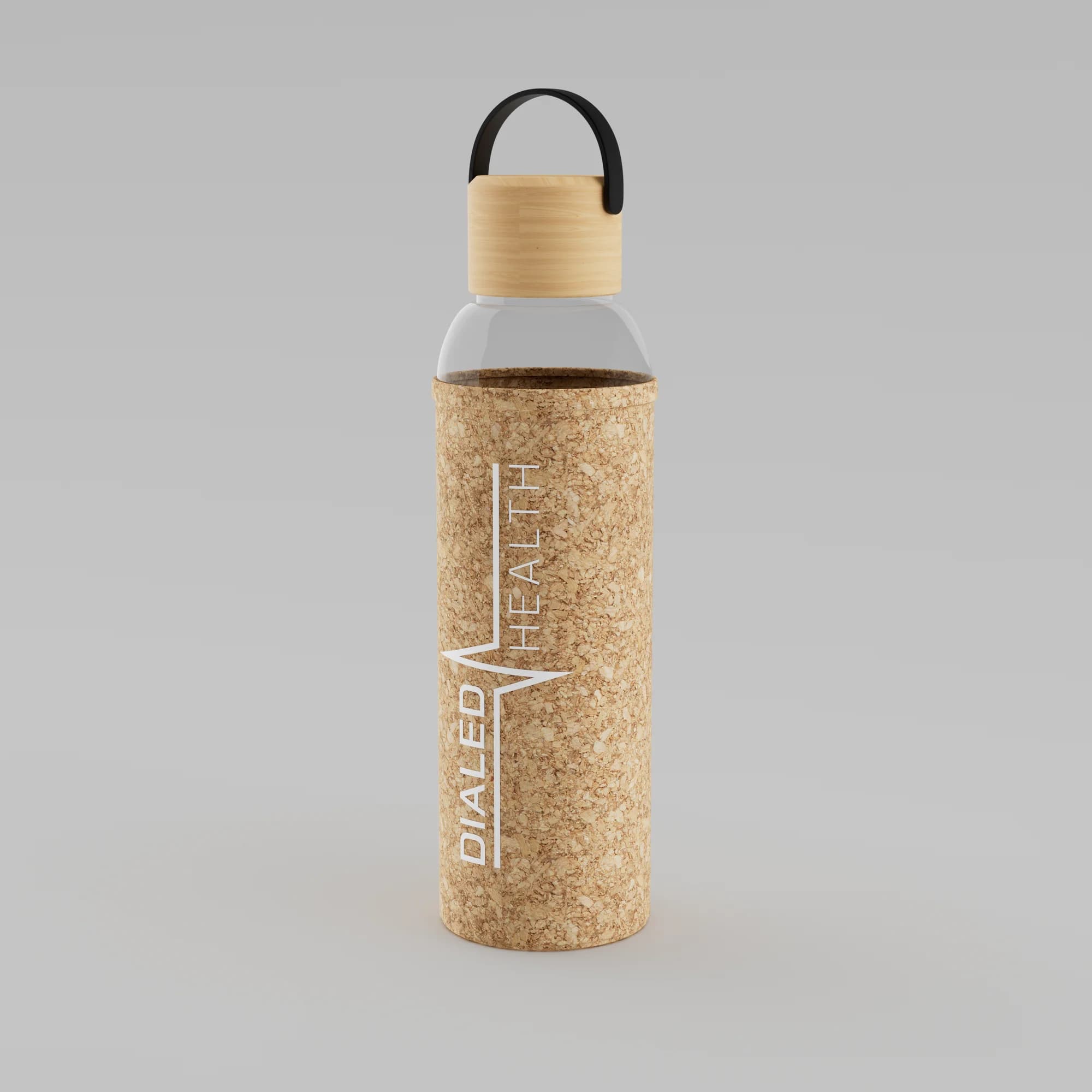 Dialed sauna water bottle, alternate colourway — cork sleeve and wood lid with carry loop