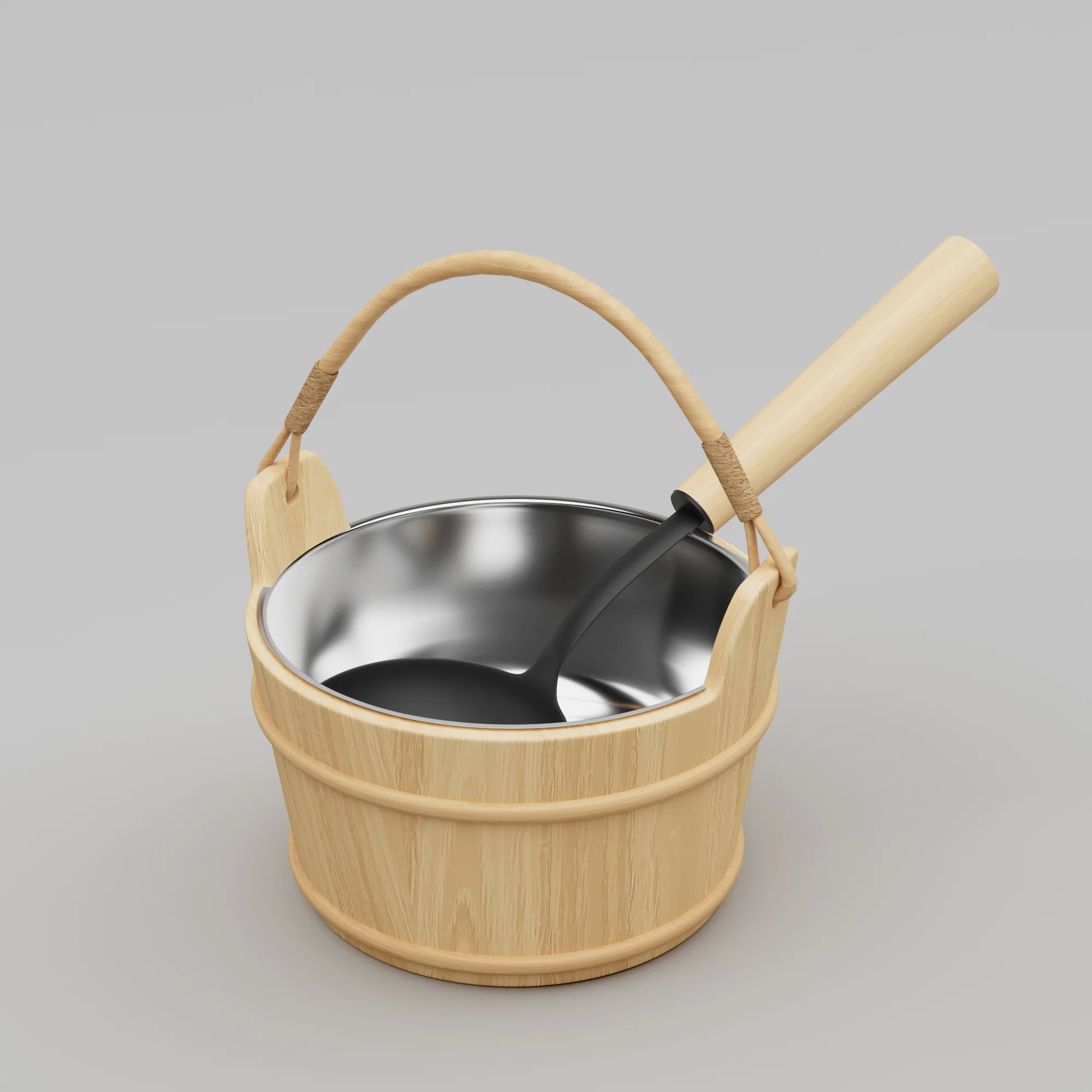 Wood sauna bucket with stainless steel inner bowl and matching black ladle resting on the rim