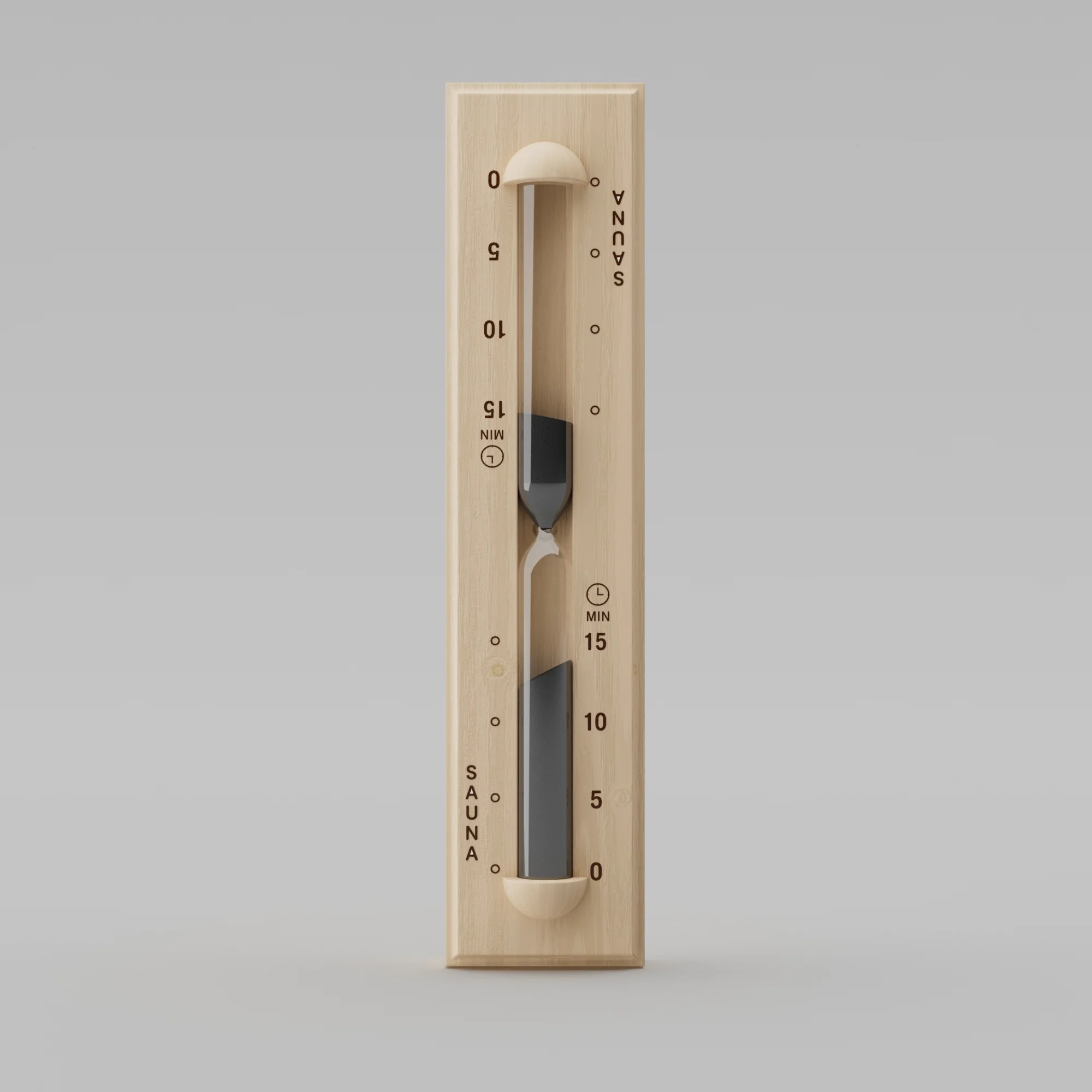 Wall-mounted sauna sand timer in a natural wood frame, marked 0 to 15 minutes