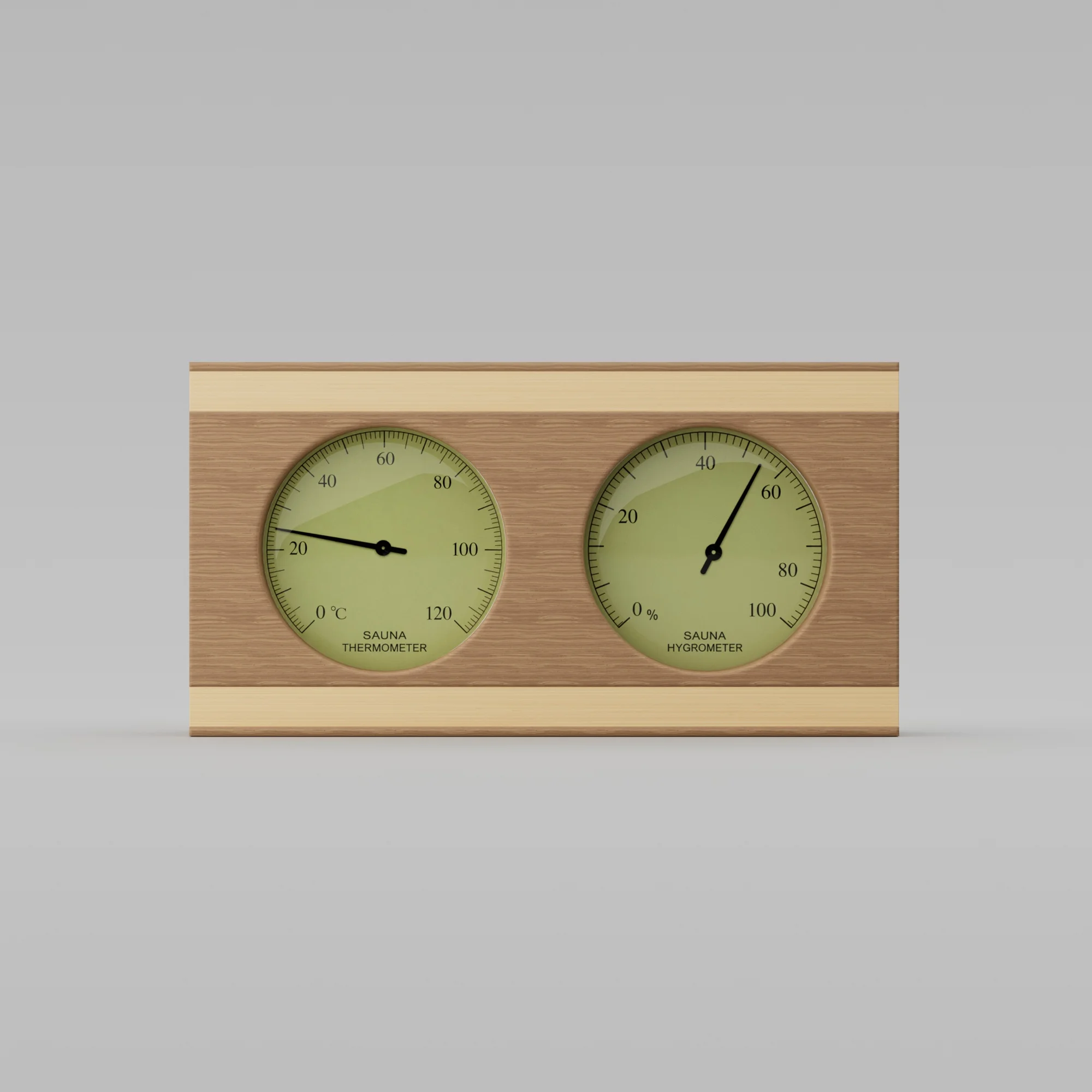 Sauna thermometer and hygrometer in a wood frame, showing 0-120°C and 0-100% humidity dials