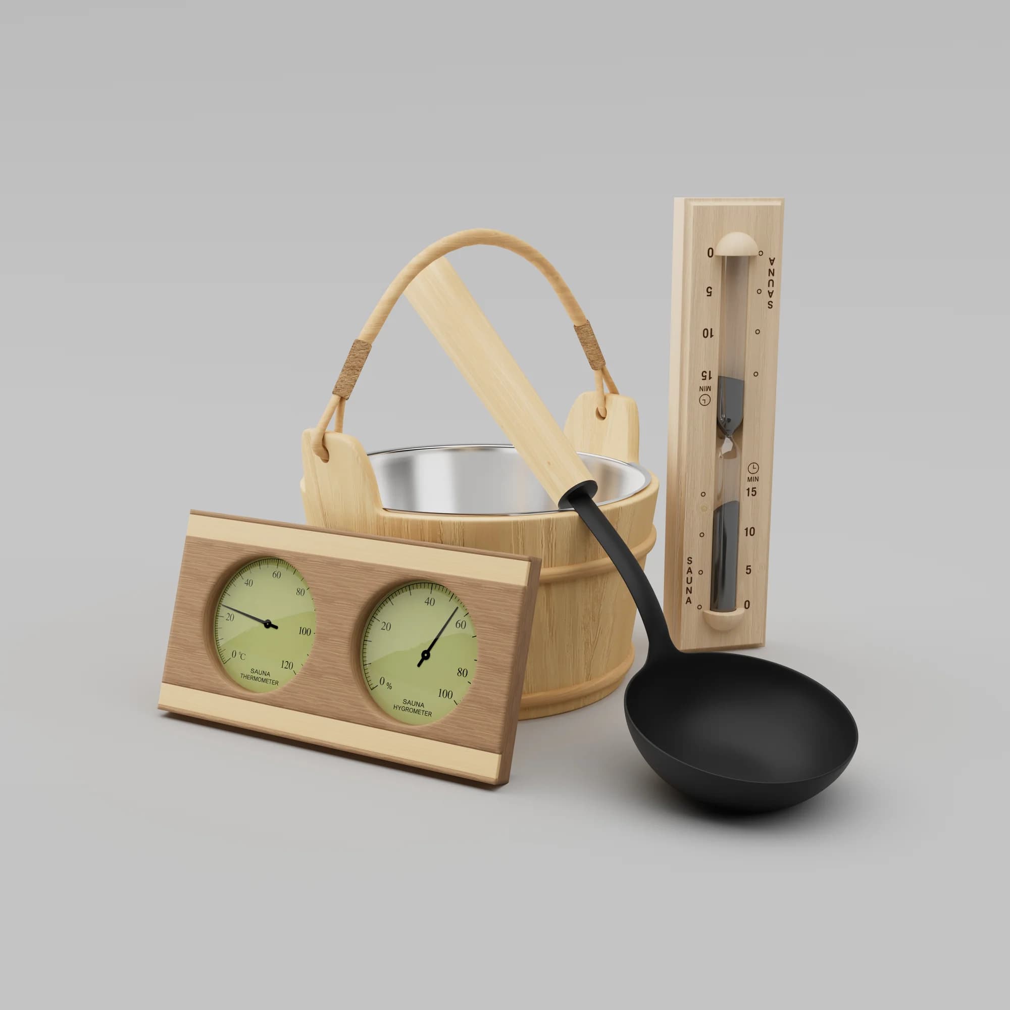 The complete sauna accessories set — wood bucket with stainless inner bowl, black ladle, 15-minute sand timer, and thermometer with hygrometer