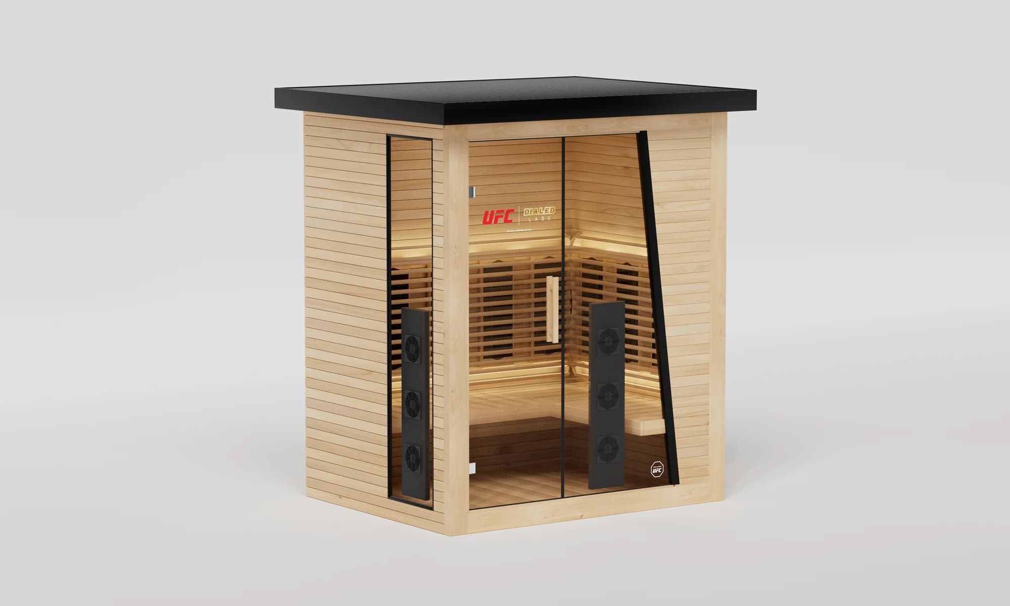 Dialed Smart Pod XL infrared sauna — angled view of the glass front, oil-treated hemlock and UFC | Dialed Labs branding
